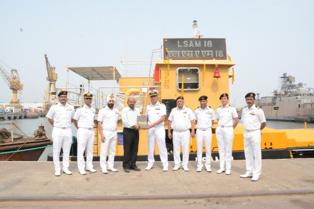 DELIVERY OF COMBINED AMMUNITION, TORPEDO, AND MISSILE BARGE, DESIGNATED AS LSAM 18 (YARD 128), AS PART OF THE 11 x AMMUNITION, TORPEDO, AND MISSILE (ACTCM) PROJECT ON MARCH 28, 2024, AT NAVAL DOCKYARD, MUMBAI FOR NAD (KARANJA). DELIVERY OF COMBINED AMMUNITION, TORPEDO, AND MISSILE BARGE, DESIGNATED AS LSAM 18 (YARD 128), AS PART OF THE 11 x AMMUNITION, TORPEDO, AND MISSILE (ACTCM) PROJECT ON MARCH 28, 2024, AT NAVAL DOCKYARD, MUMBAI FOR NAD (KARANJA).