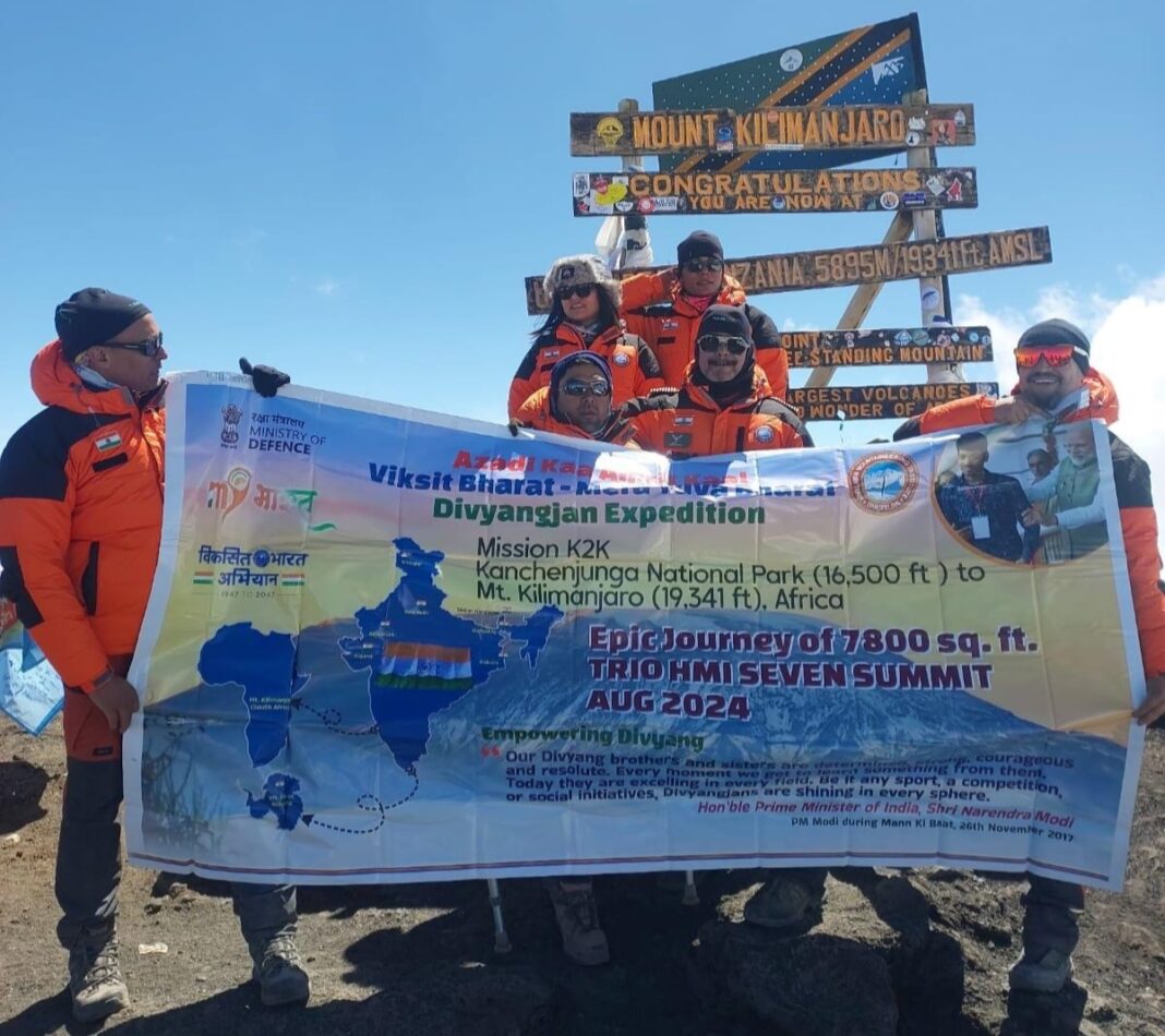 MoD’s Divyangjan Expedition Team unfurls the largest national flag atop Uhuru Summit of Mt. Kilimanjaro, the highest peak of Africa MoD’s Divyangjan Expedition Team unfurls the largest national flag atop Uhuru Summit of Mt. Kilimanjaro, the highest peak of Africa