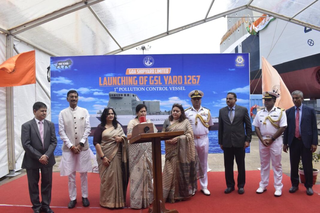 LAUNCHING OF FIRST INDIAN COAST GUARD POLLUTION CONTROL VESSEL (PCV) AT M/S GSL GOA. LAUNCHING OF FIRST INDIAN COAST GUARD POLLUTION CONTROL VESSEL (PCV) AT M/S GSL GOA.