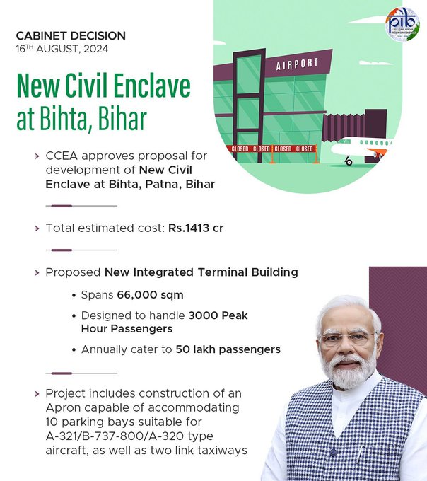 Cabinet approves Development of New Civil Enclave at Bihta, Bihar at an estimated cost of Rs.1413 crore Cabinet approves Development of New Civil Enclave at Bihta, Bihar at an estimated cost of Rs.1413 crore