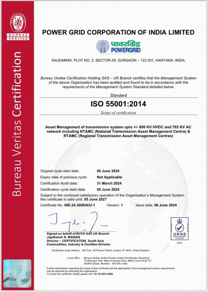 Power Grid Corporation of India Achieves ISO 55001:2014 Certification for World's Largest Power Transmission Network. 1 PSU 2 4