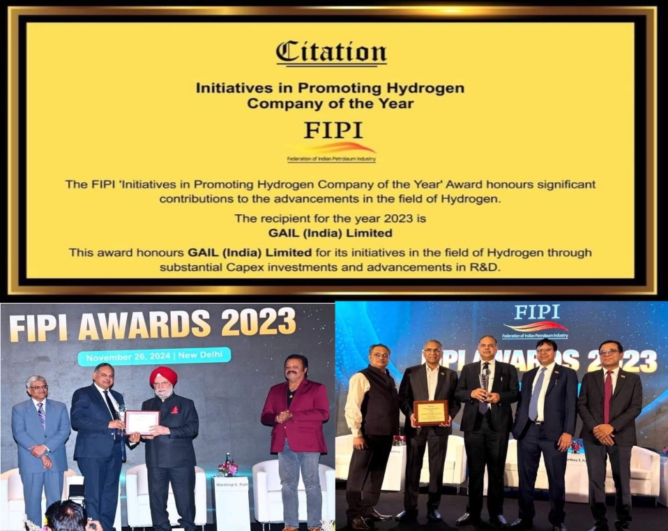 GAIL (India) Limited Wins “Initiatives in Promoting Hydrogen Company of the Year” Award at FIPI Oil & Gas Awards 2023. GAIL (India) Limited Wins “Initiatives in Promoting Hydrogen Company of the Year” Award at FIPI Oil & Gas Awards 2023.