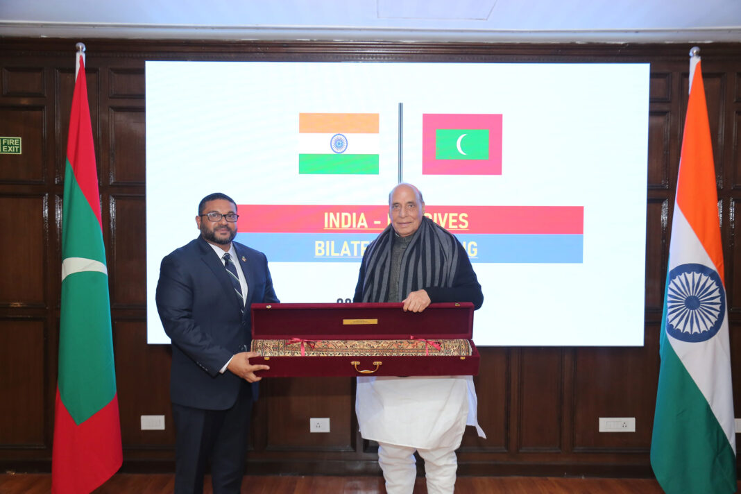 Raksha Mantri Shri Rajnath Singh & Defence Minister of Maldives Mr Mohamed Ghassan Maumoon hold bilateral talks in New Delhi Raksha Mantri Shri Rajnath Singh & Defence Minister of Maldives Mr Mohamed Ghassan Maumoon hold bilateral talks in New Delhi