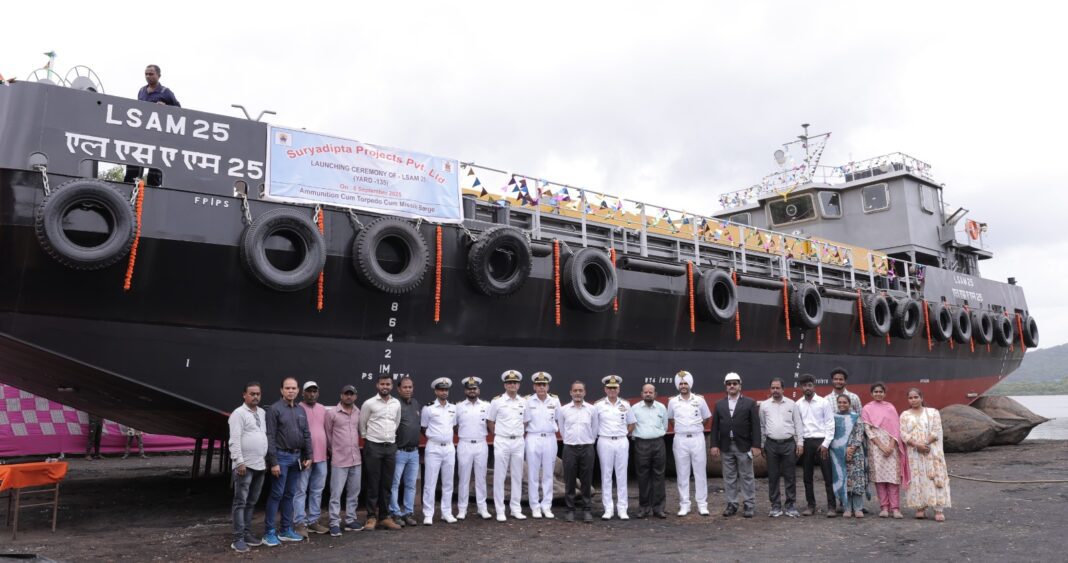 Indian Navy Launches Eleventh ACTCM Barge LSAM 25 at Thane Shipyard Indian Navy Launches Eleventh ACTCM Barge LSAM 25 at Thane Shipyard