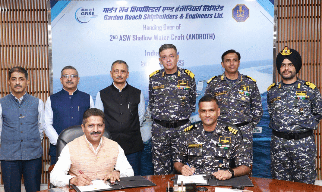 GRSE Delivers Second ASW Shallow Water Craft “Androth,” Boosting Navy’s Anti-Submarine Strength GRSE Delivers Second ASW Shallow Water Craft “Androth,” Boosting Navy’s Anti-Submarine Strength