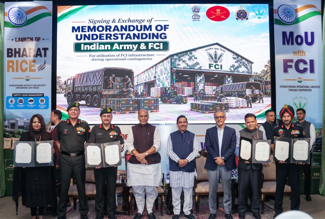 Indian Army Launches Bharat Rice for Troops, Signs MoU with FCI to Strengthen Military Logistics Rajnath Singh and Pralhad Joshi at the launch of Bharat Rice for Indian Army troops